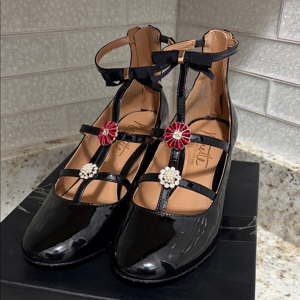 Nanette Lepore Black Patent T-Strap Heels with Red Floral and Pearl Accents